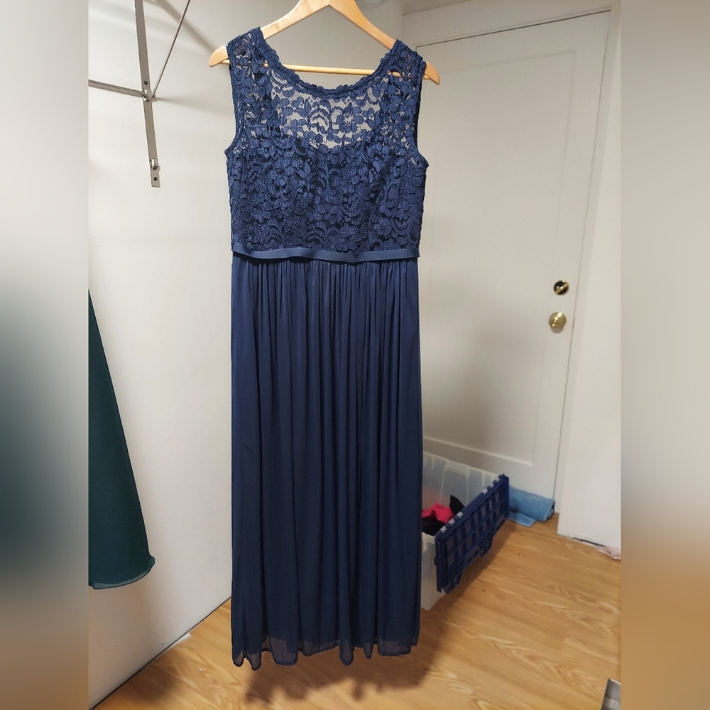 Davids Bridal Navy Lace Bridesmaid Dress with Long Mesh Skirt